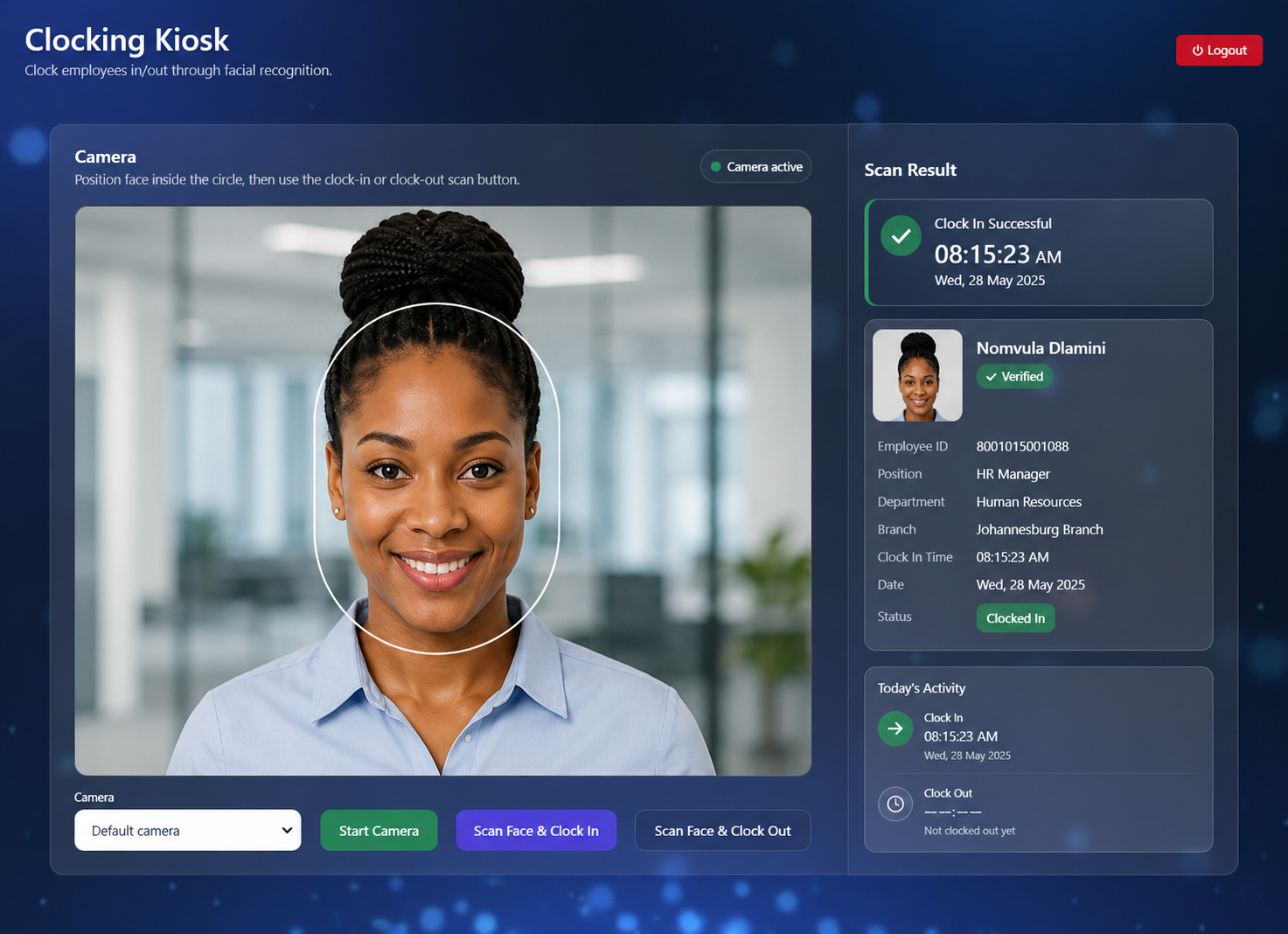 Facial recognition clocking kiosk screenshot